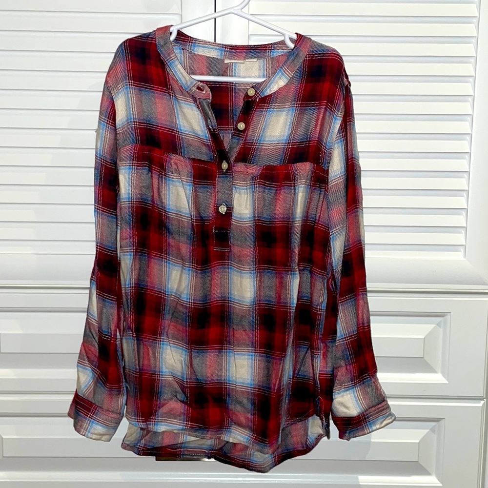 GAP kids red/white plaid collarless shirt.